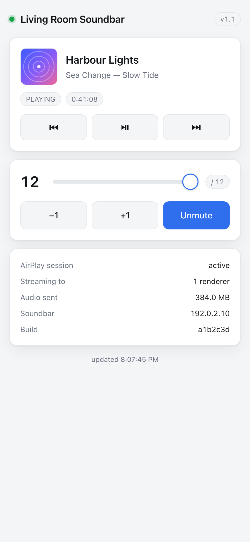 Follows the phone's light or dark theme; volume is capped server-side