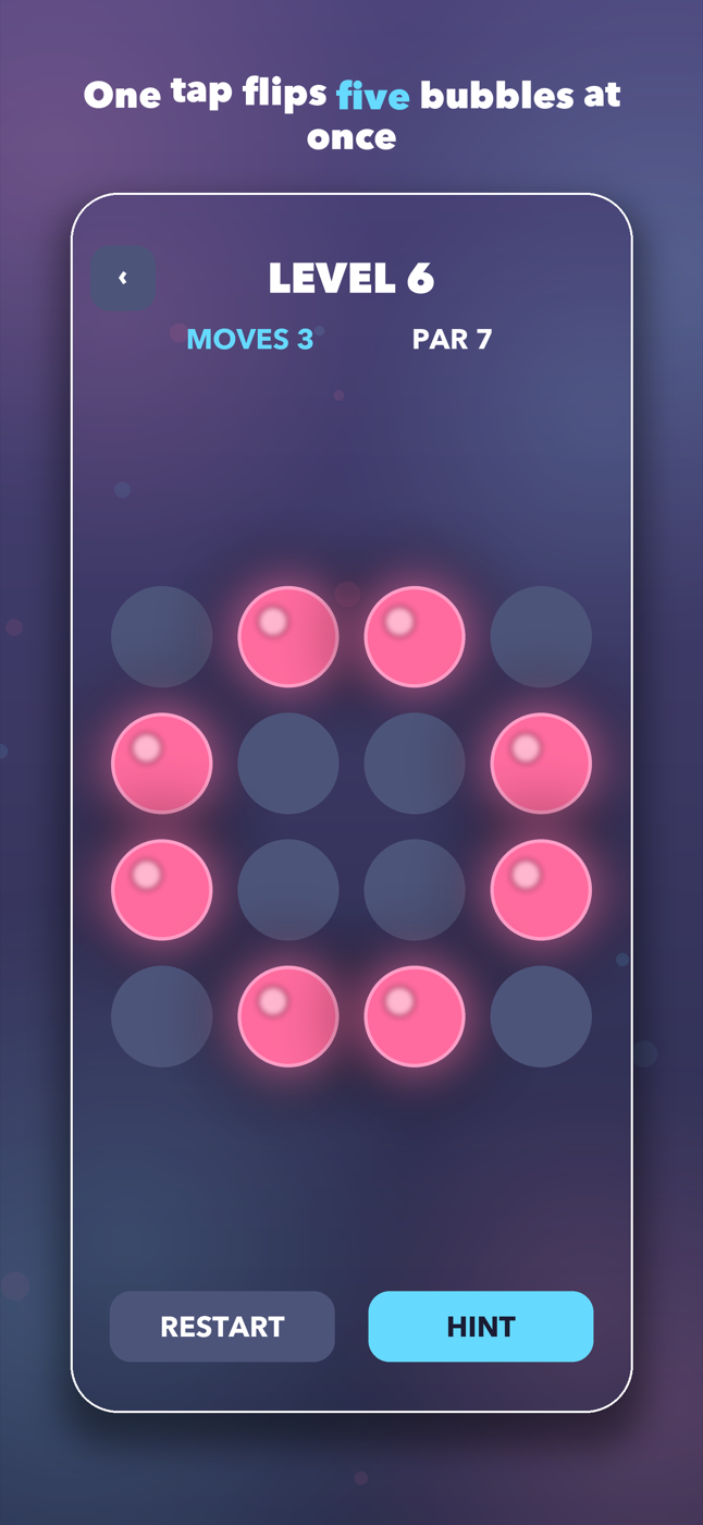 Core play — one tap flips five glowing bubbles