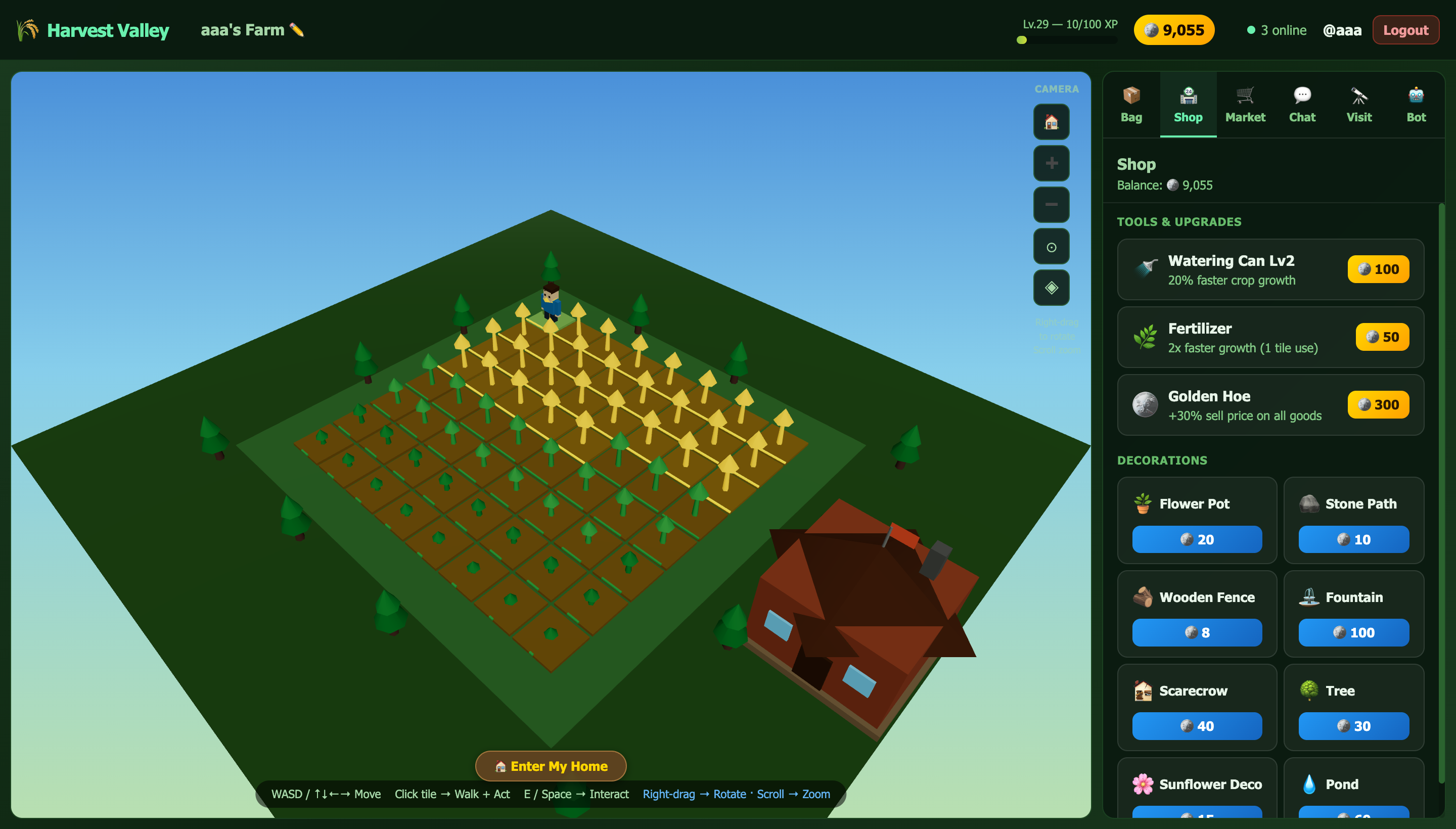Shop for seeds, animals, tools, decorations and upgrades