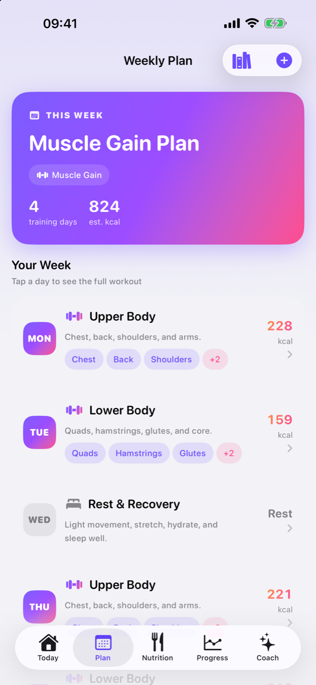 Auto-generated weekly plan by day & muscle group
